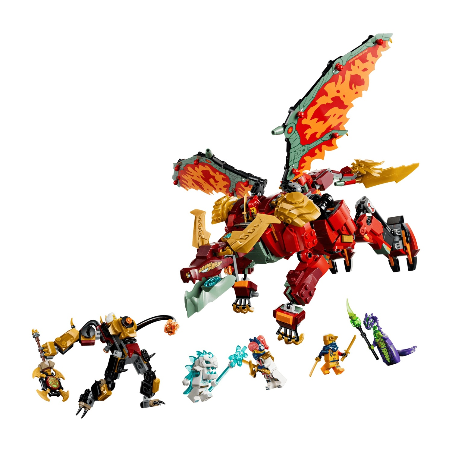 Un drago LEGO rosso e oro fluttua sopra cinque minifigure e un mecha su sfondo bianco.