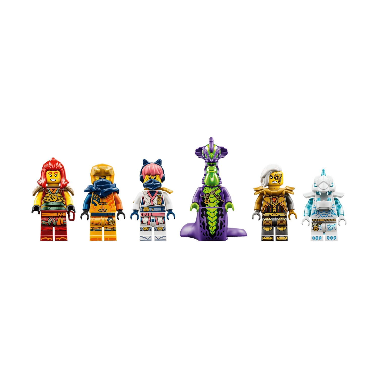 Sei colorate minifigure Lego sono disposte in fila su uno sfondo bianco.