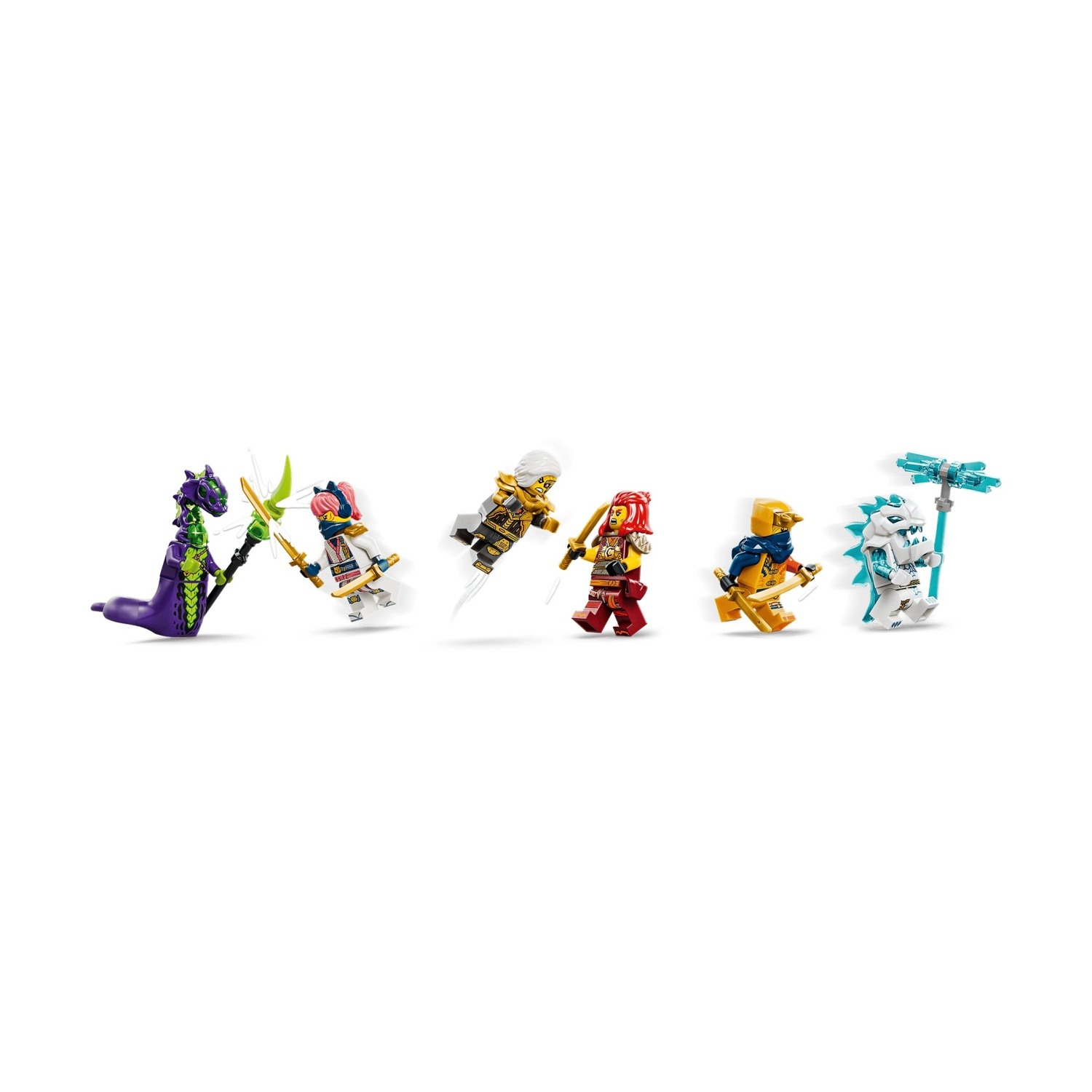 Sei colorate minifigure LEGO Ninjago con varie armi su uno sfondo bianco.