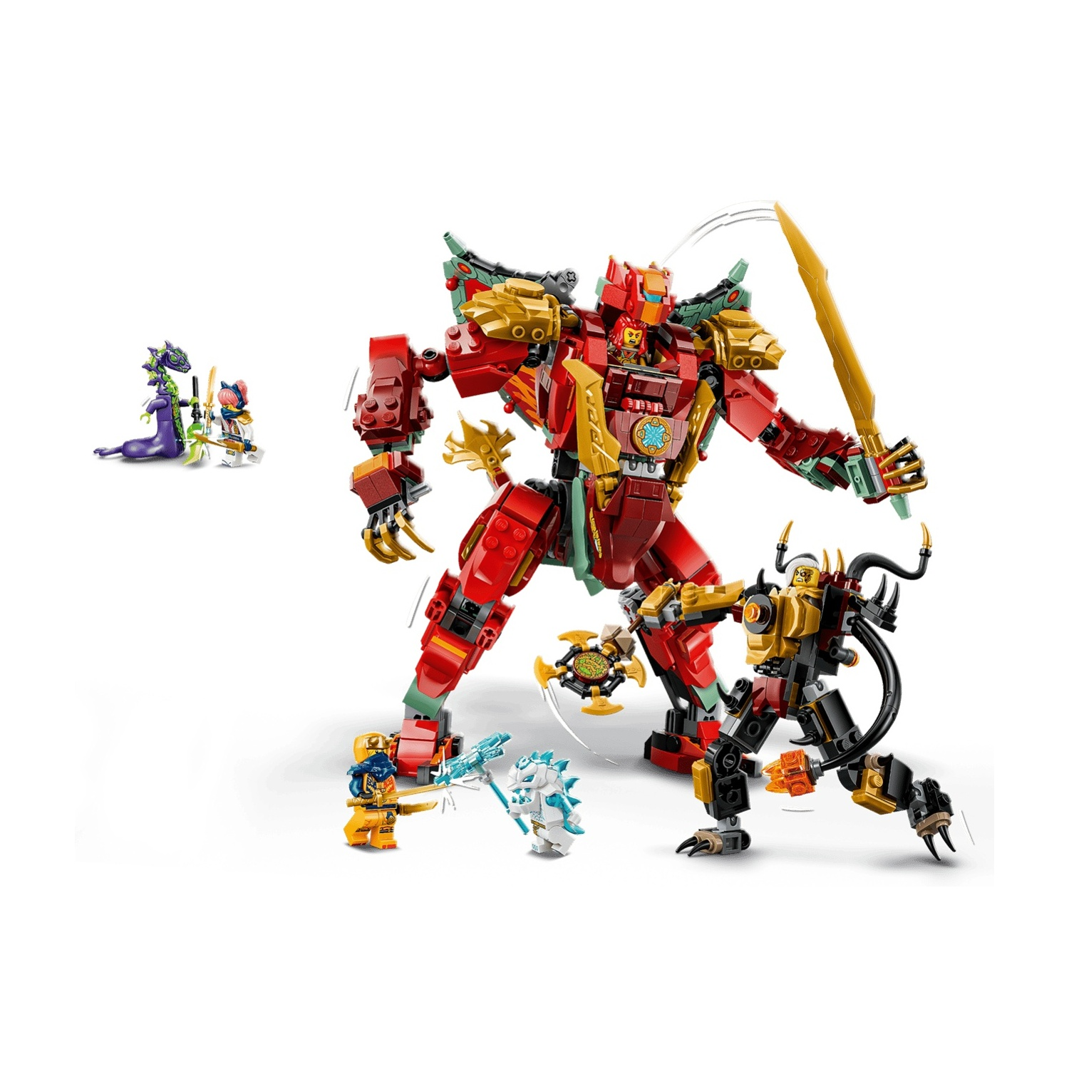 Scena d'azione Lego Ninjago con un robot rosso, figure più piccole e mostri.