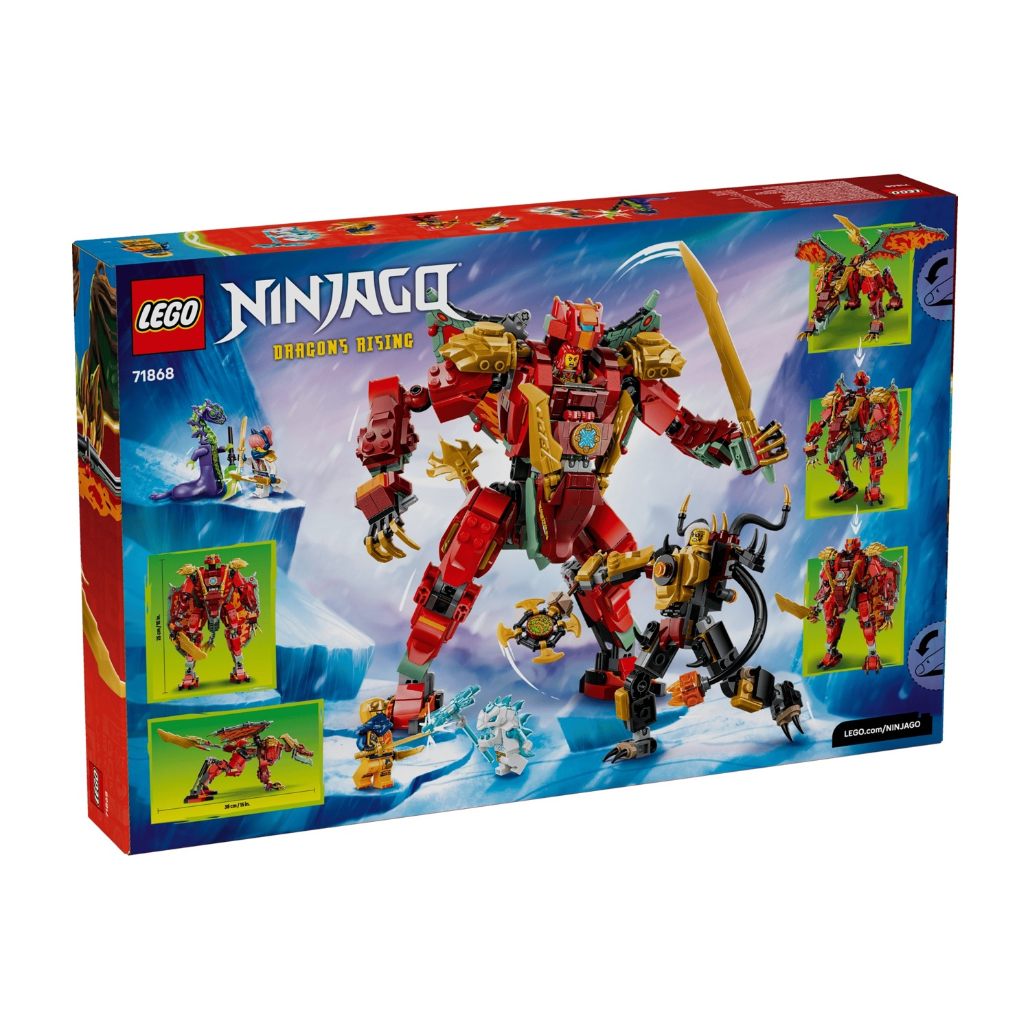 Scatola LEGO Ninjago Dragons Rising con un mecha rosso, spada d'oro, minifigure e uno sfondo innevato.