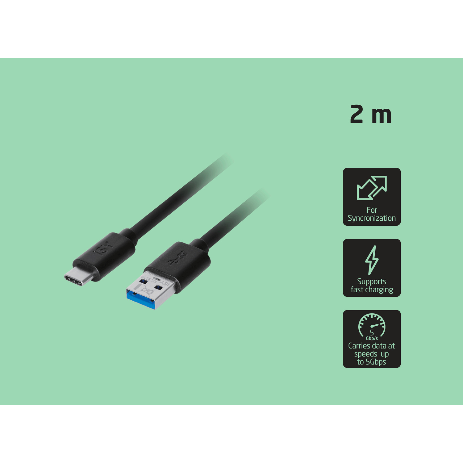 Un cavo nero USB-A a USB-C da 2m su sfondo verde con icone per sincronizzazione, ricarica rapida e 5Gbps.
