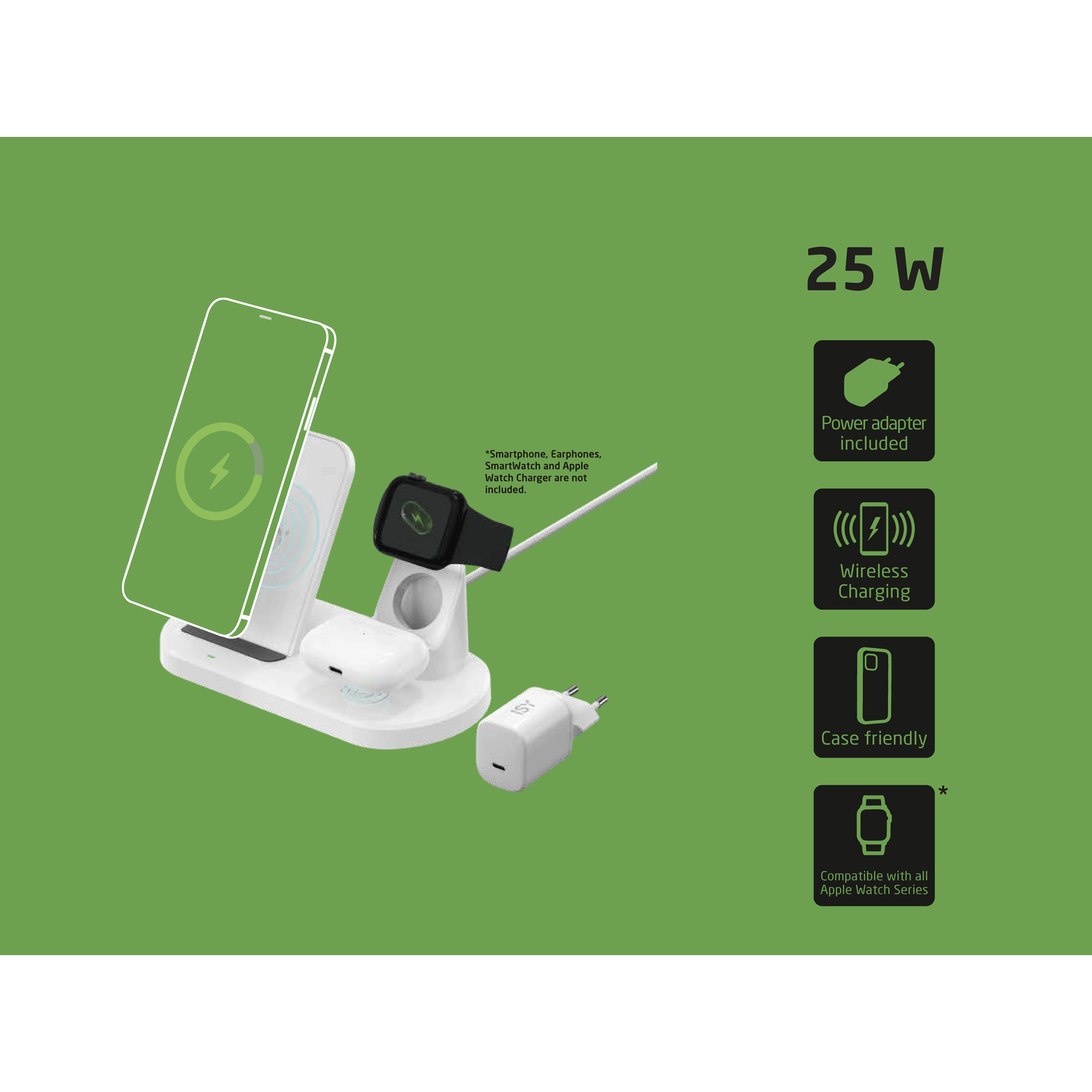 Stazione di ricarica bianca da 25W per telefono, auricolari e smartwatch su sfondo verde.
