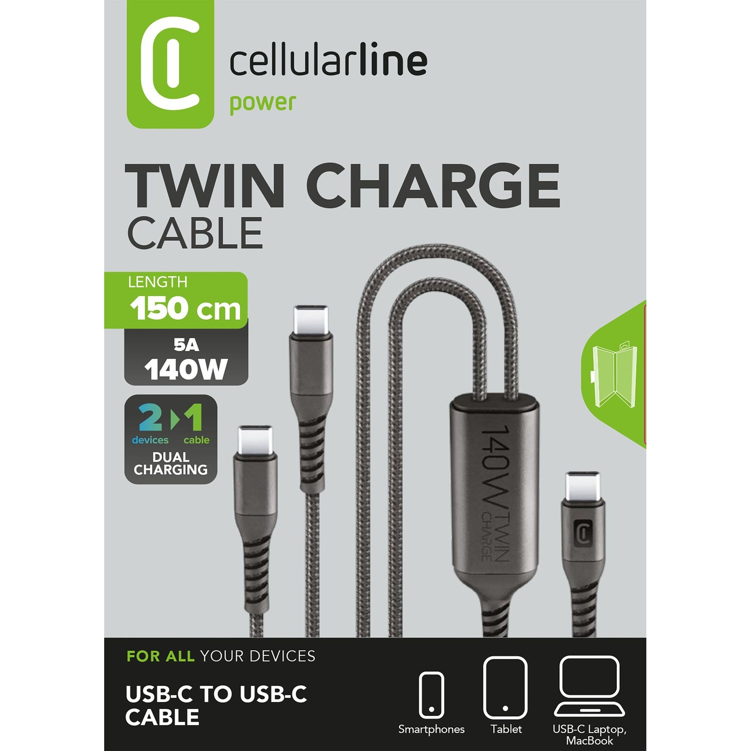 Confezione cavo USB-C Cellularline Twin Charge da 150 cm, 140W e doppia ricarica.