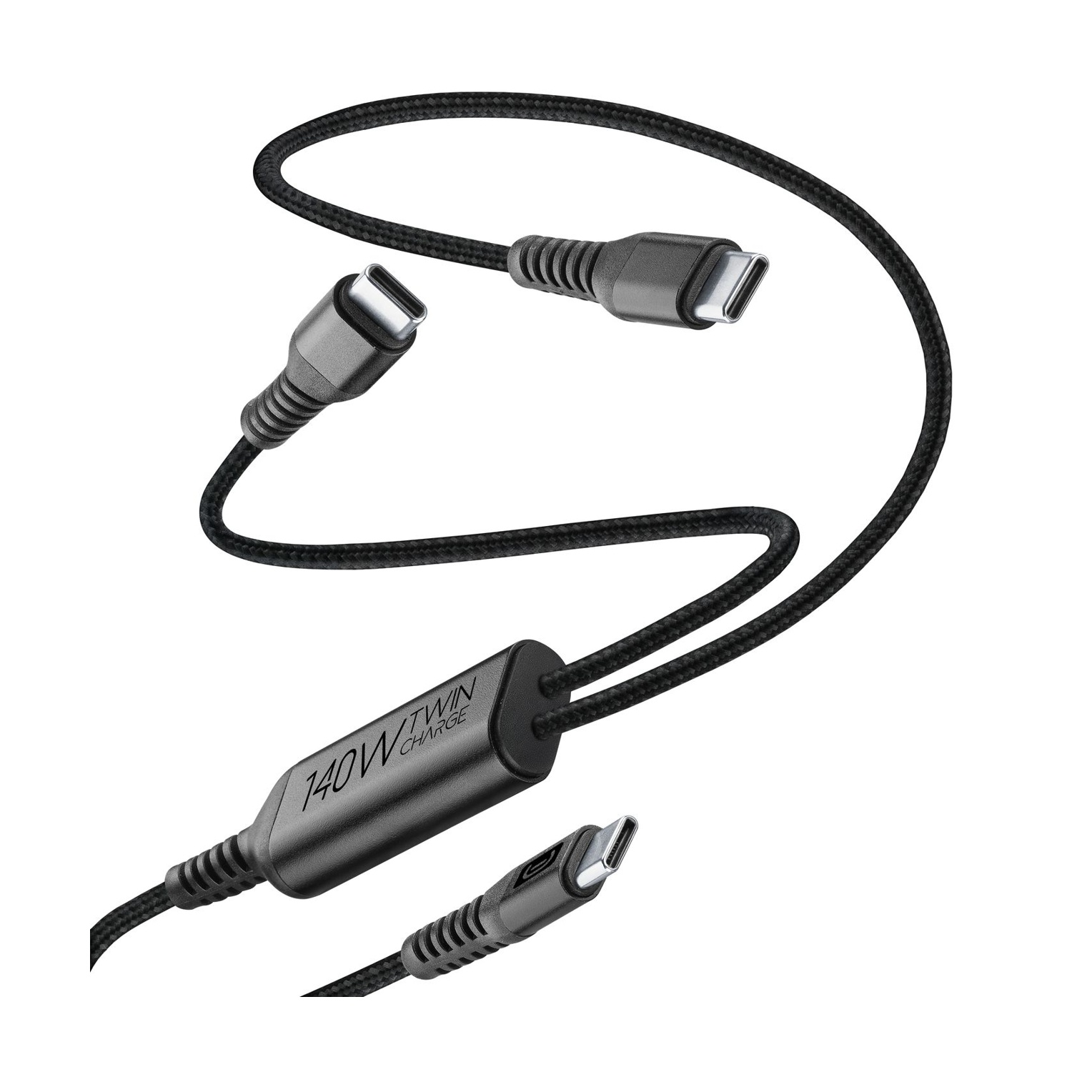 Cavo di ricarica gemello nero da 140 W con connettori USB-C su sfondo bianco.