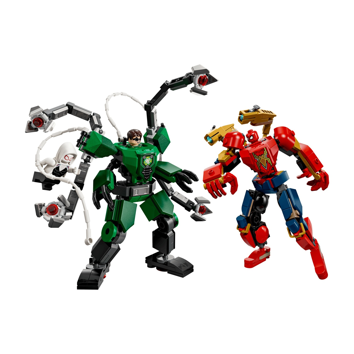 Figure Lego di Doc Ock in mecha verde e Spider-Man in mecha rosso su sfondo bianco.