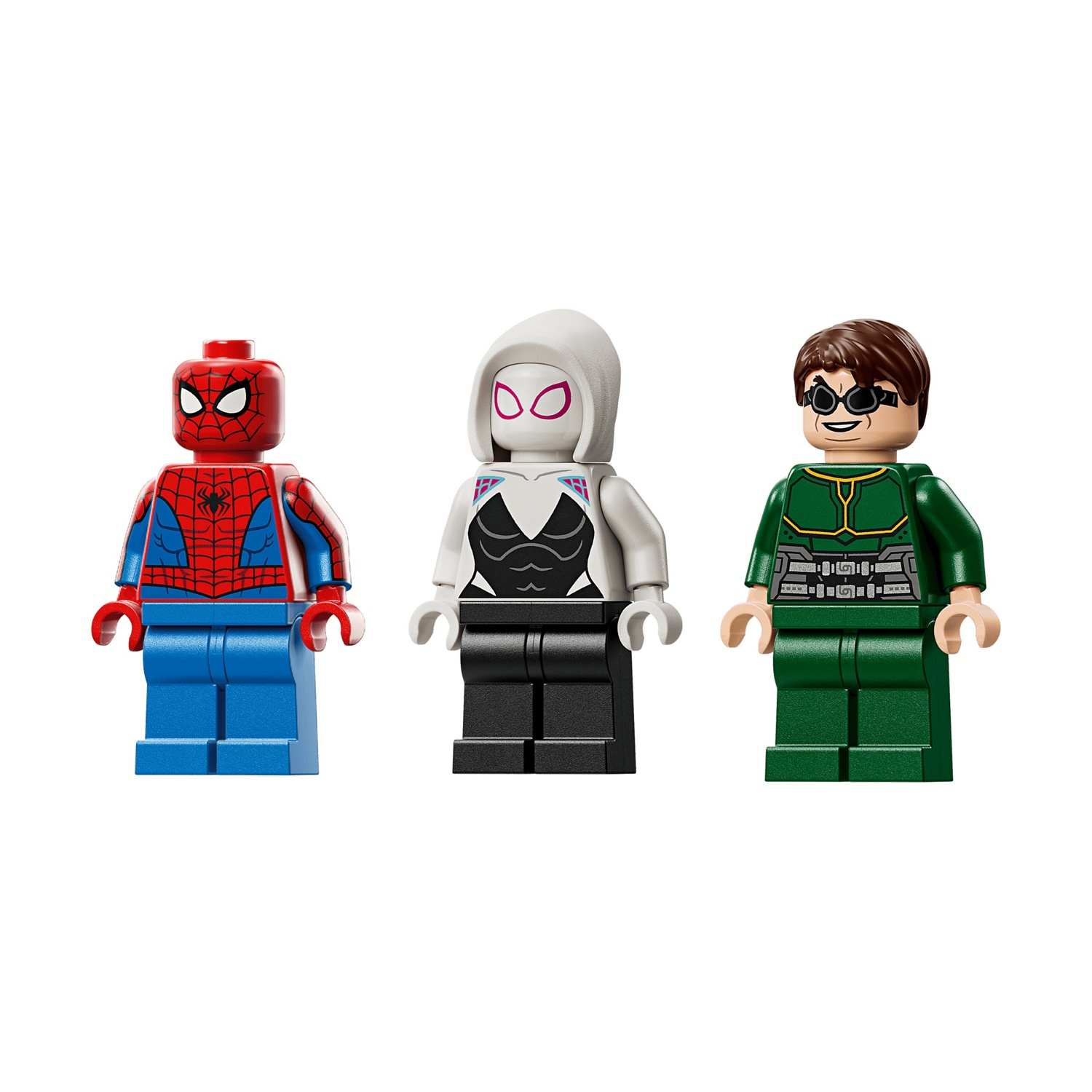 Tre minifigure Lego sono affiancate: Spider-Man, Spider-Gwen e Doctor Octopus.
