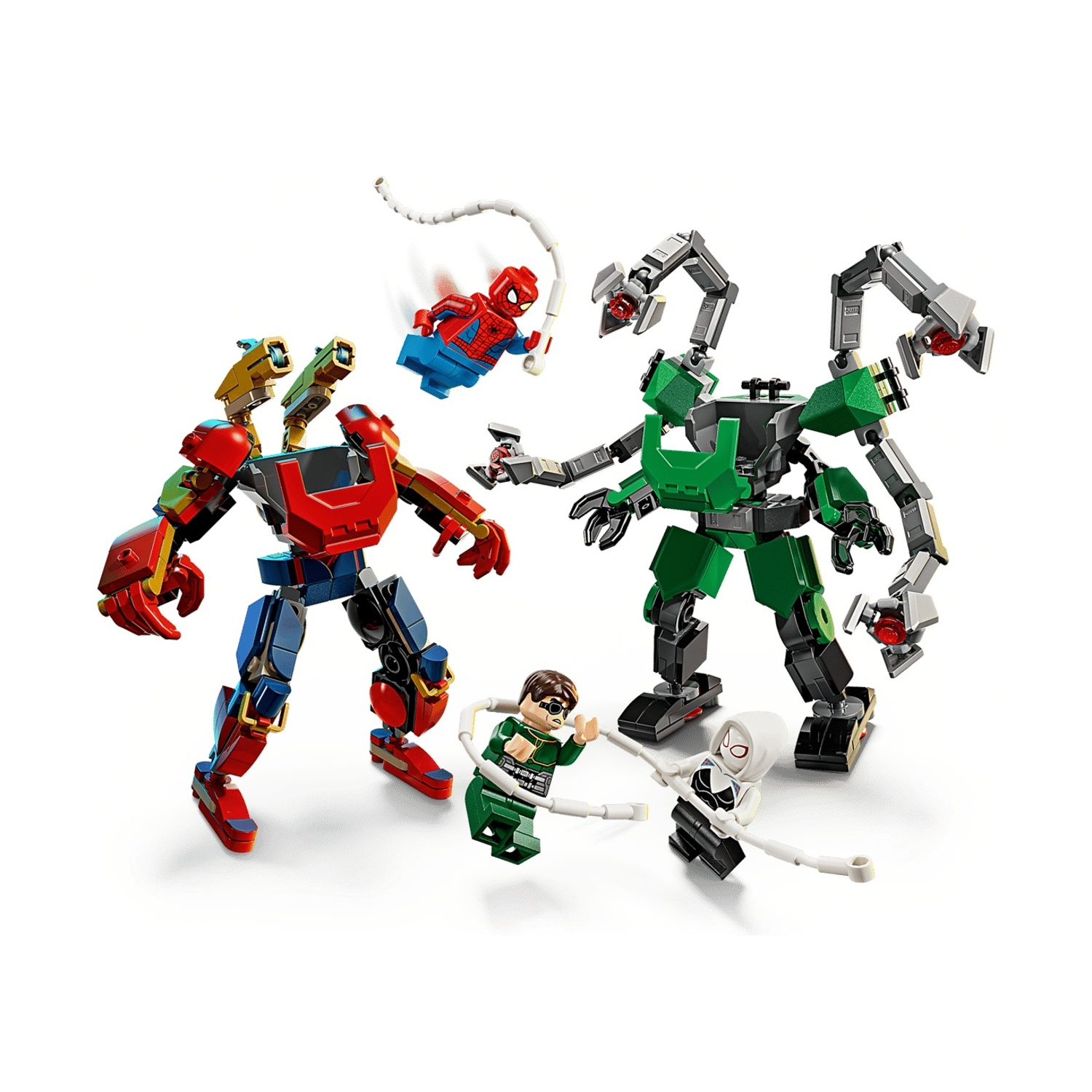 Personaggi Lego Marvel: Spider-Man e Spider-Gwen combattono Doc Ock con i mech.