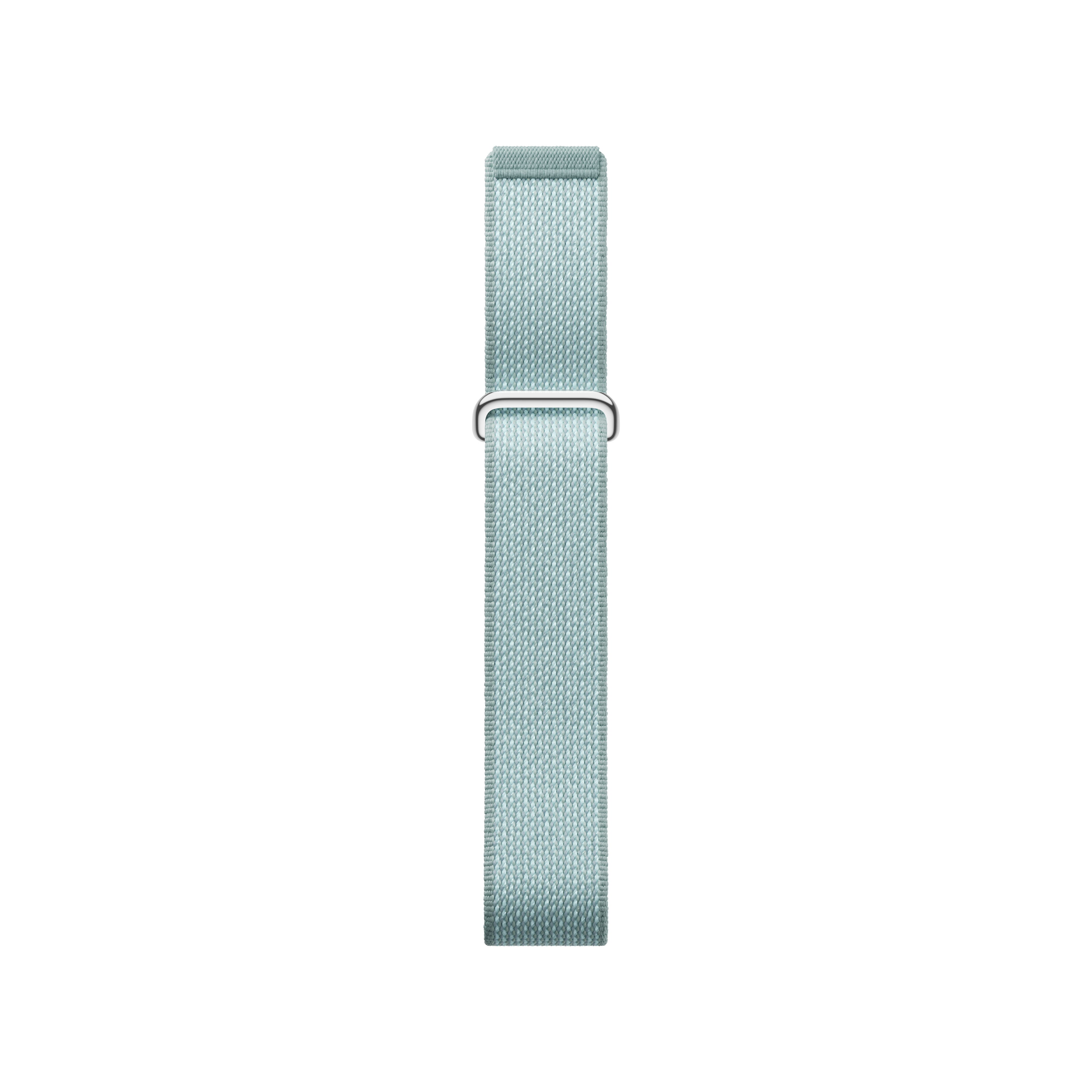 Ein hellblaues geflochtenes Uhrenarmband mit silberner Schließe auf weißem Hintergrund.