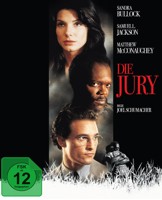 Filmplakat von Die Jury mit Sandra Bullock, Samuel L. Jackson und Matthew McConaughey vor dunklem Hintergrund.