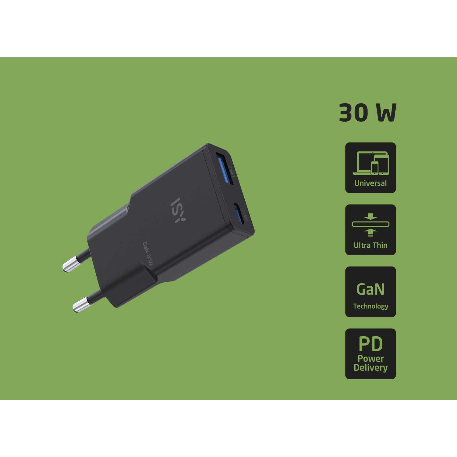 CARICABATTERIA ISY IWC-4130 da 30W, Nero