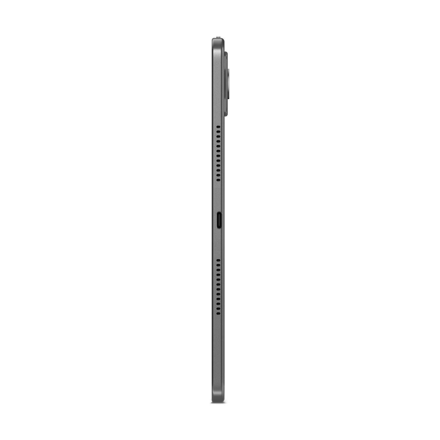 Vista laterale di un tablet grigio con altoparlanti e porta USB-C.