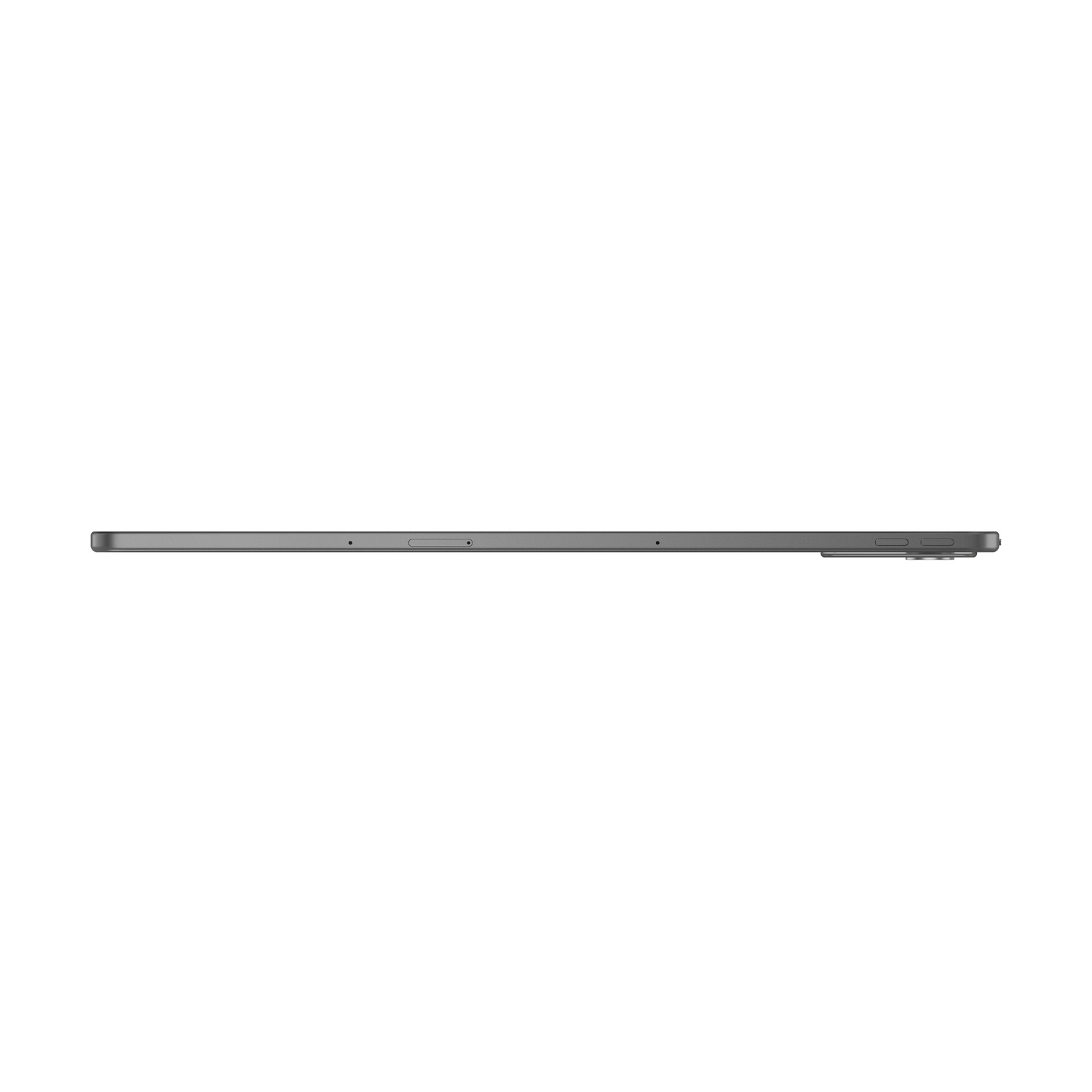 Vista laterale di un sottile tablet grigio con pulsanti e slot per schede.