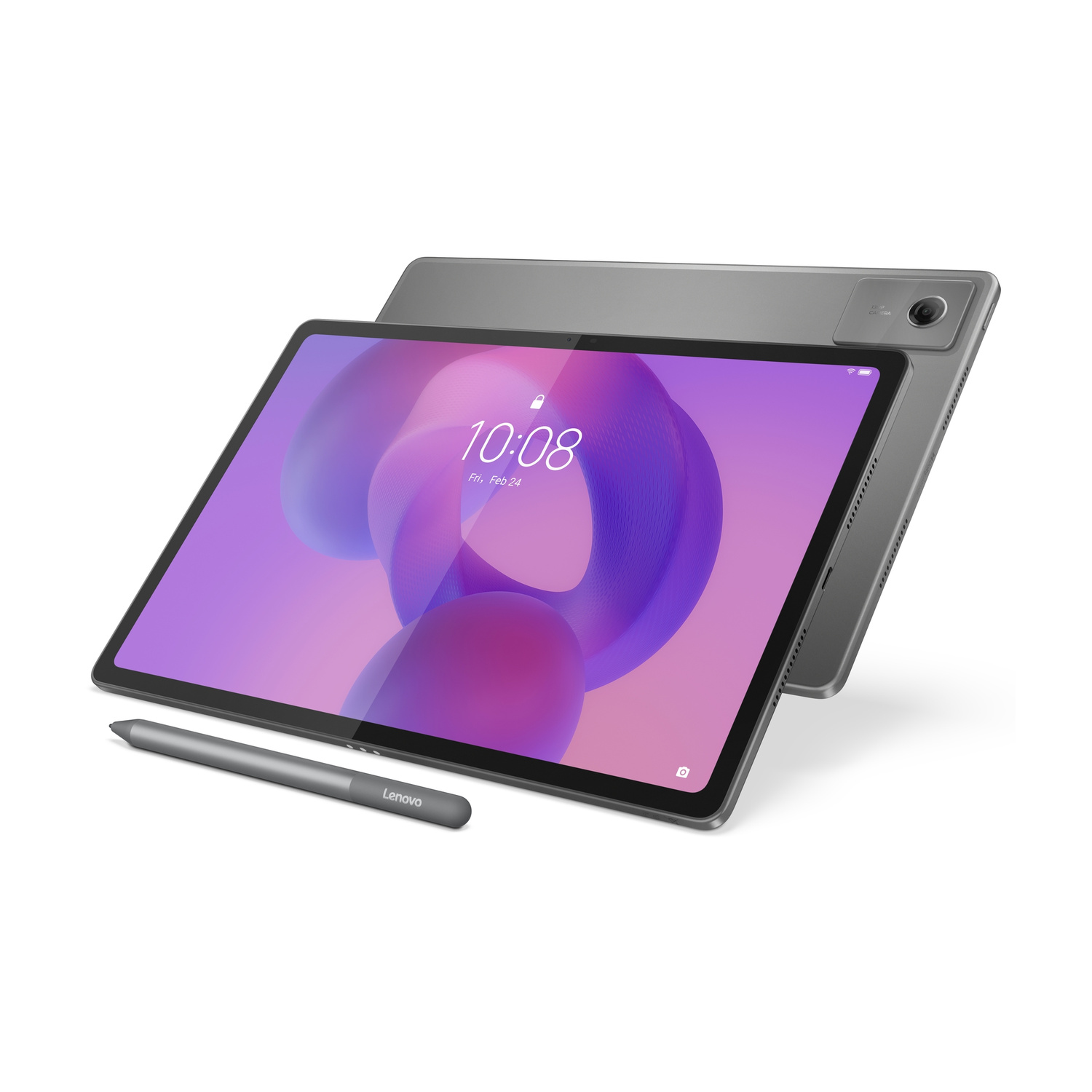 Un tablet grigio Lenovo con schermo colorato e una penna stilo accanto su sfondo bianco.