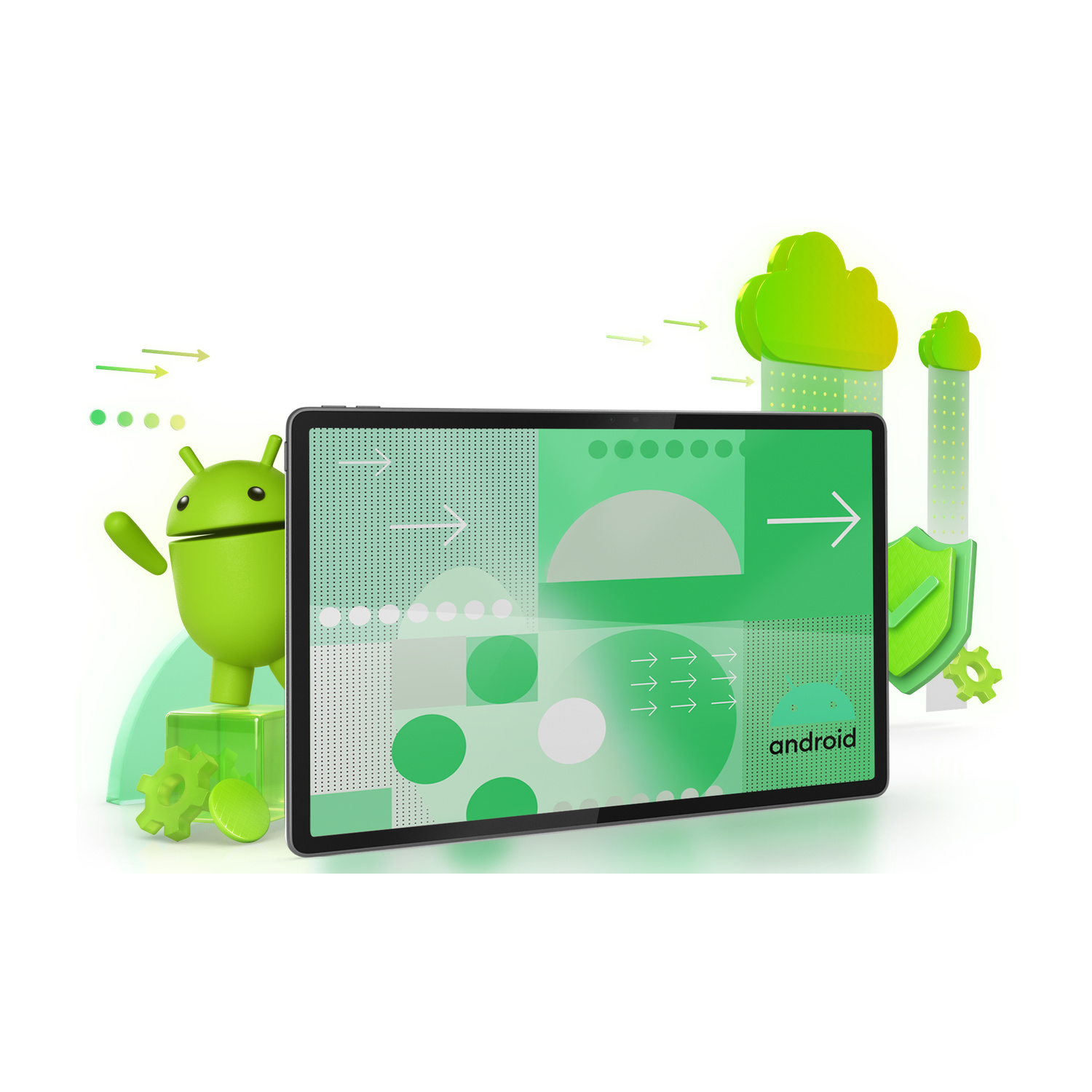 Un tablet con logo Android, robottino verde e forme astratte su sfondo bianco.