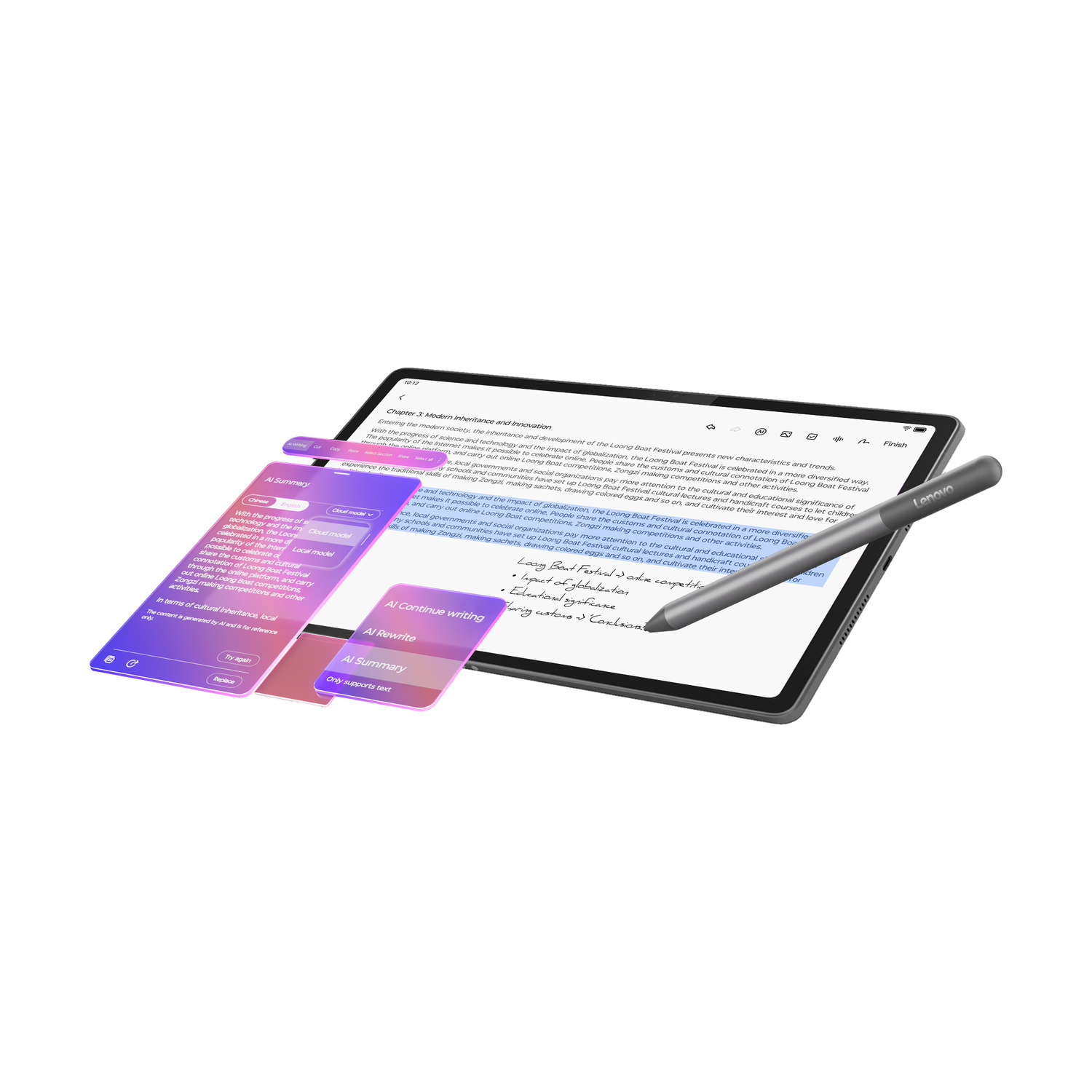 Un tablet Lenovo con stilo mostra note e menu IA viola sullo schermo.
