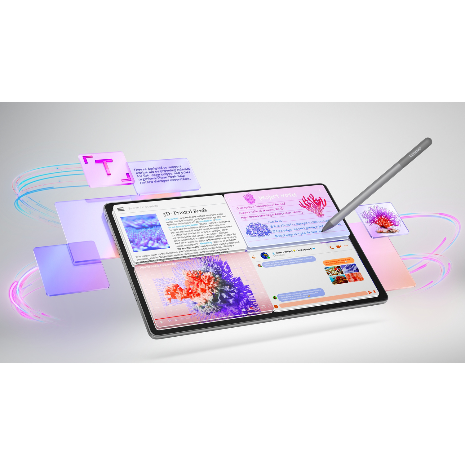 Un tablet Lenovo mostra appunti e articoli sulle barriere coralline, con stilo e icone fluttuanti.