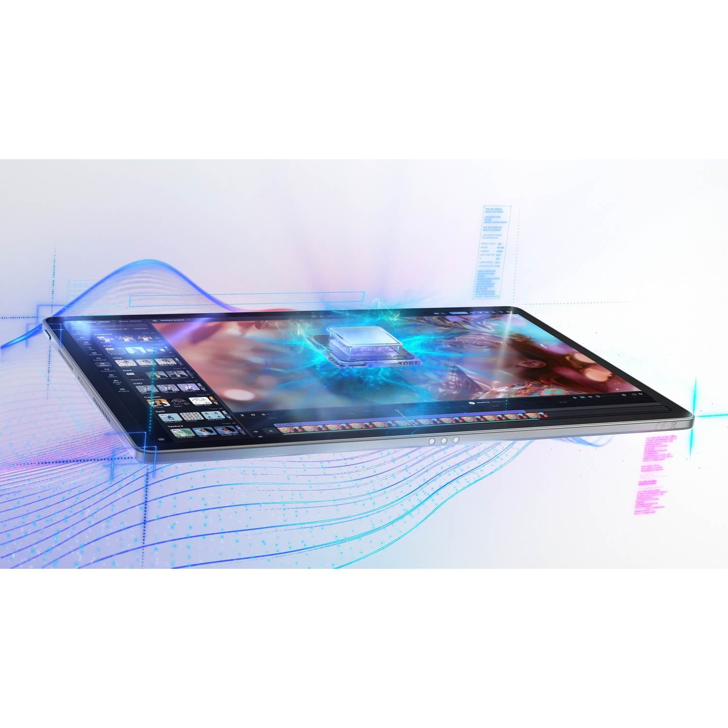 Un tablet mostra software di editing con grafica olografica blu brillante e linee di codice fluttuanti.