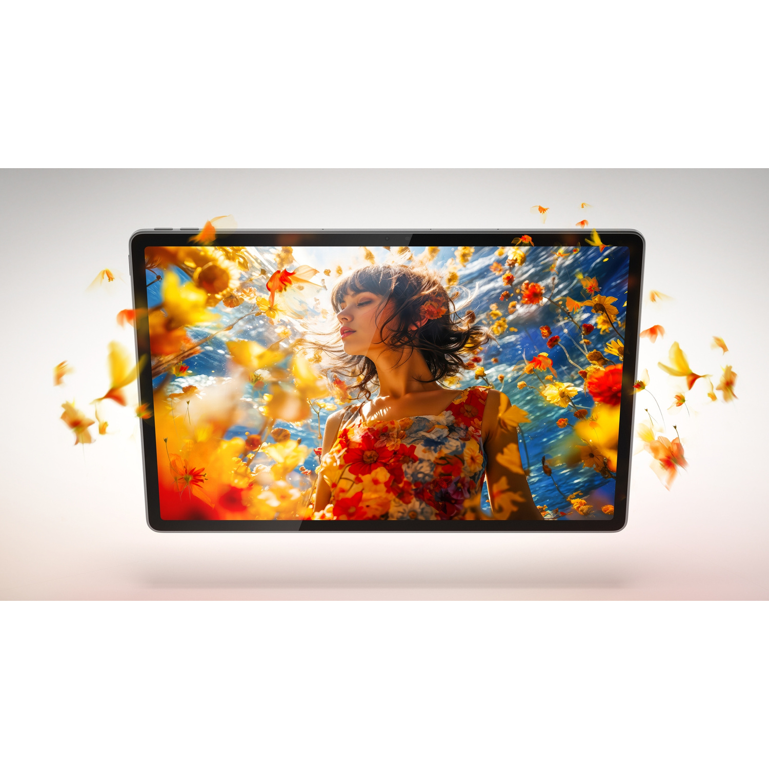 Un tablet mostra l'immagine colorata di una donna circondata da fiori e acqua su sfondo chiaro.