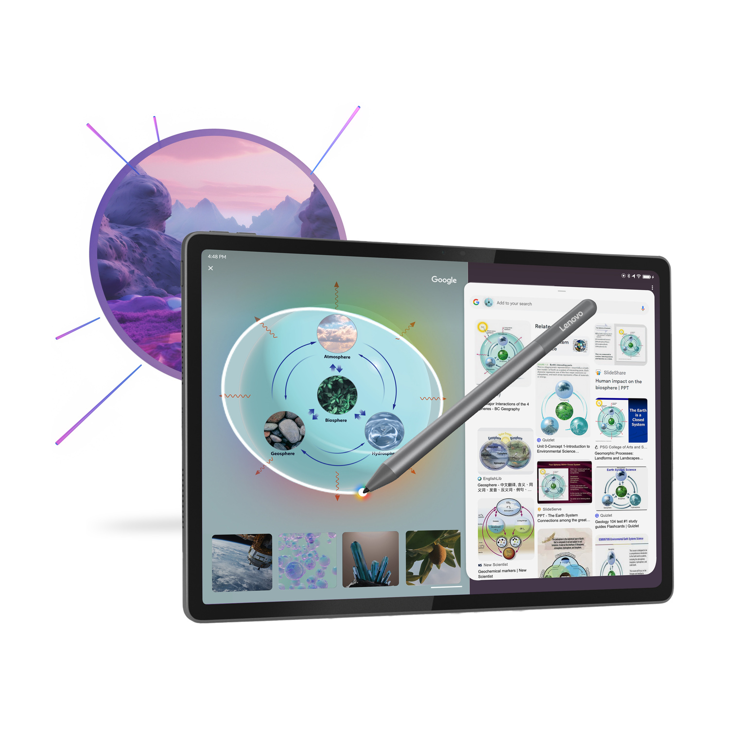 Un tablet mostra diagrammi del sistema terrestre mentre un pennino tocca lo schermo.