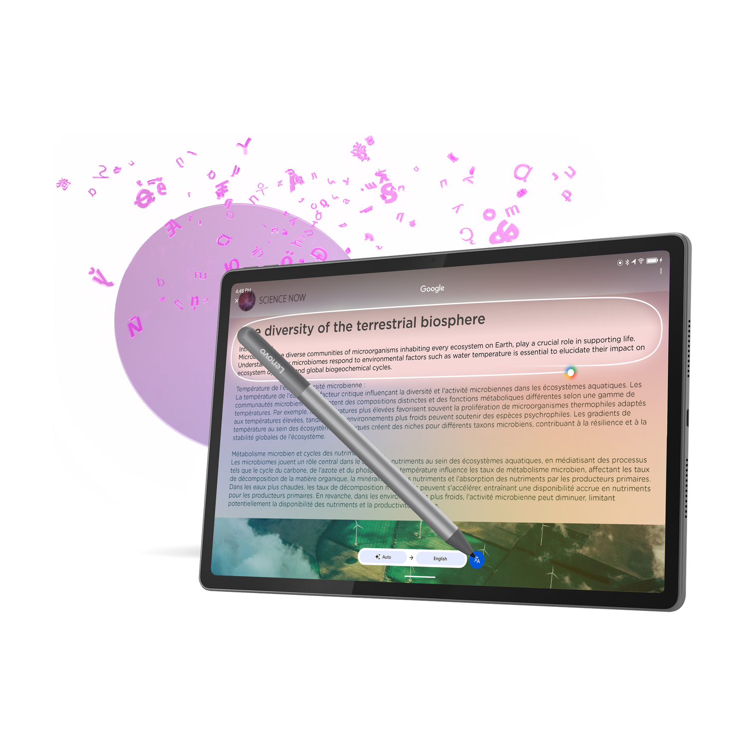 Un tablet mostra un testo sulla biosfera, un pennino evidenzia parole e lettere rosa fluttuano sullo sfondo.