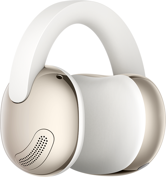 Modern fehér és arany over-ear fejhallgató fekete háttér előtt.