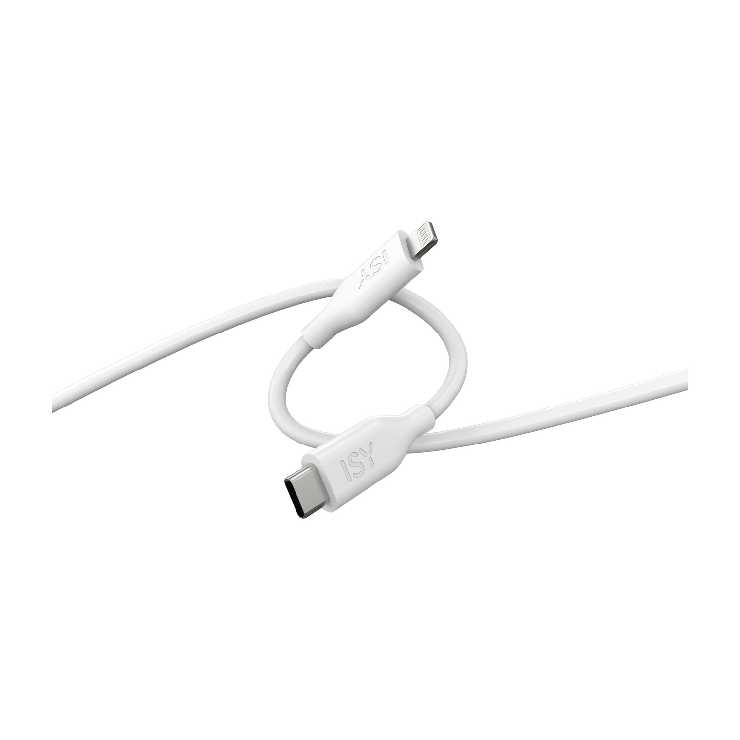 Un cavo di ricarica bianco ISY da USB-C a Lightning su sfondo bianco.