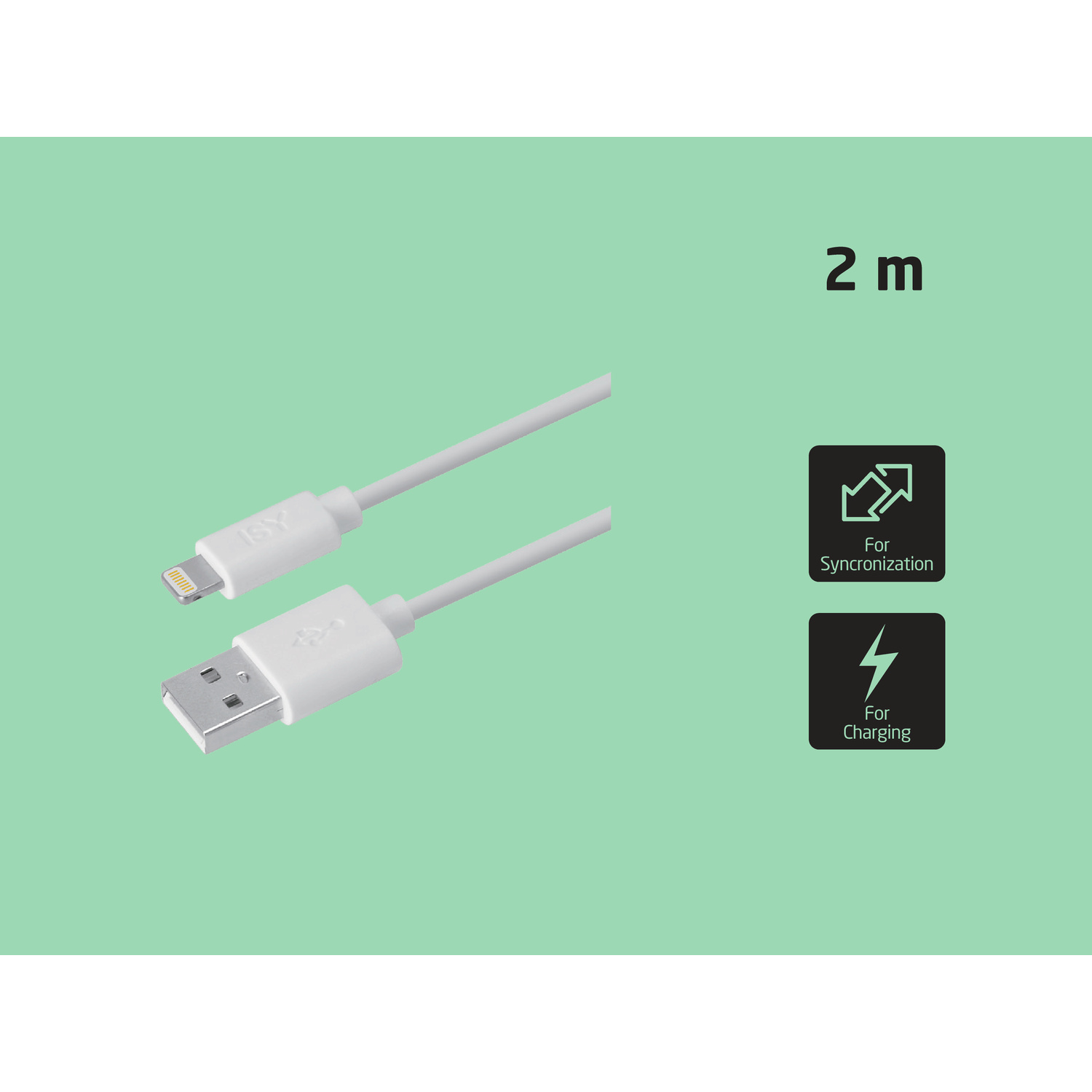 Un cavo da USB a Lightning bianco su sfondo verde con icone di sincronizzazione e ricarica.