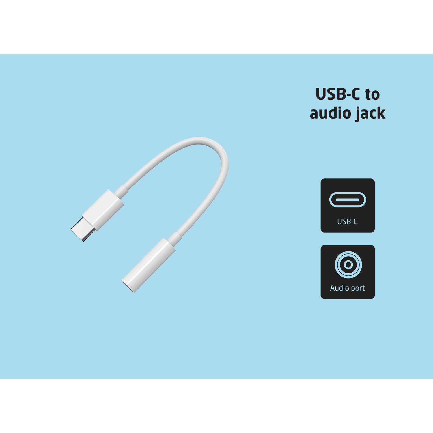 Cavo adattificatore bianco da USB-C a jack audio su sfondo azzurro.