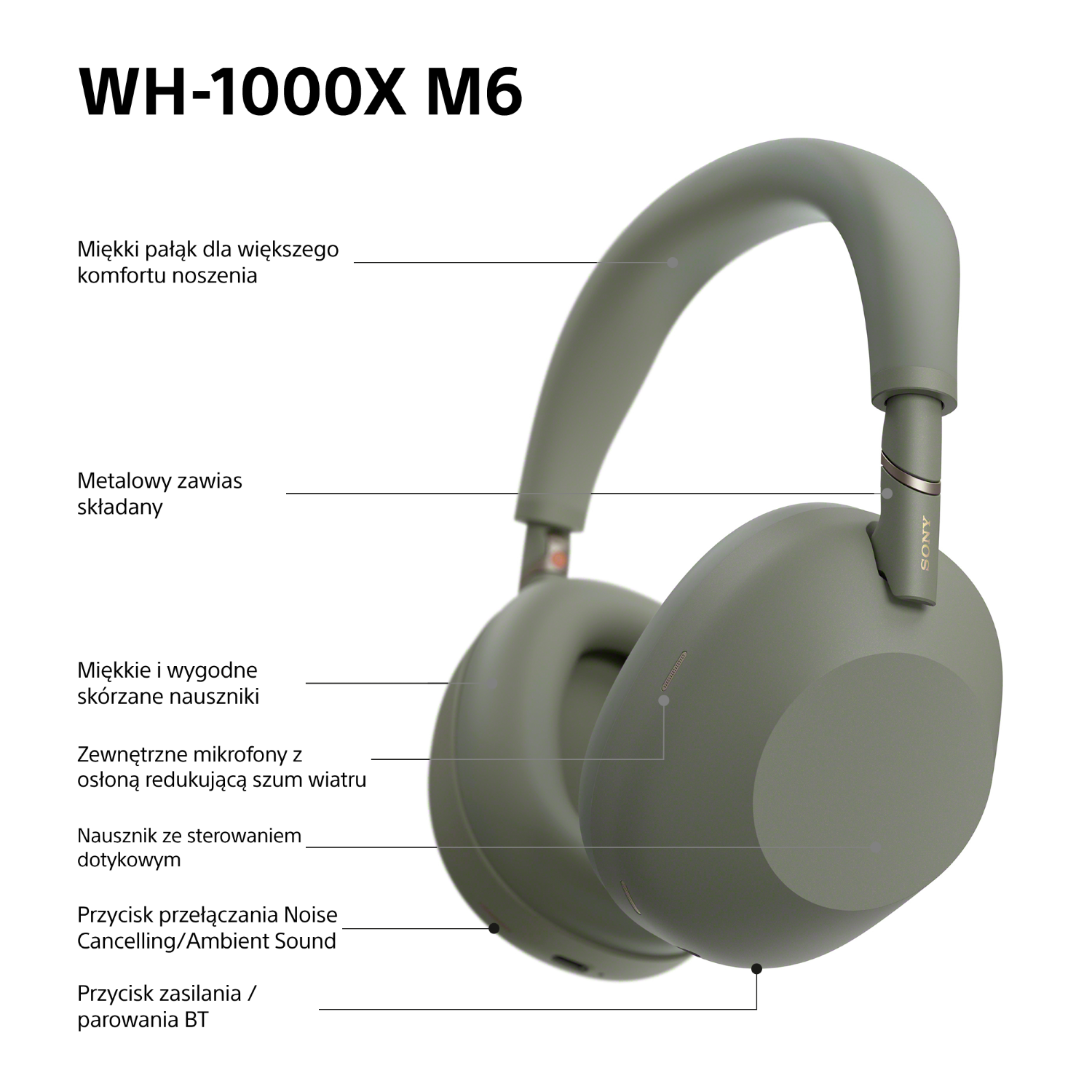 Słuchawki bezprzewodowe SONY WH-1000XM6 ANC Oliwkowy