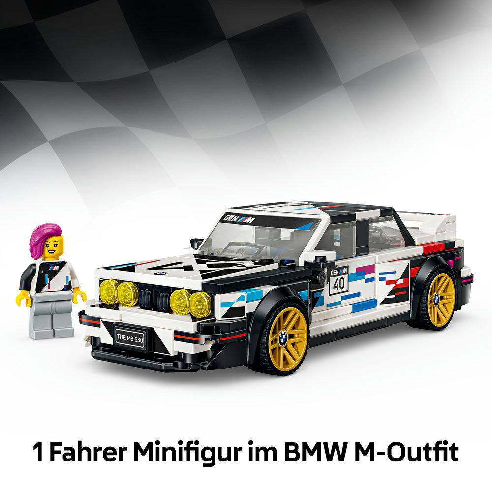 Lego BMW M3 E30 Rennwagen mit goldenen Felgen und einer Minifigur mit pinkem Haar.