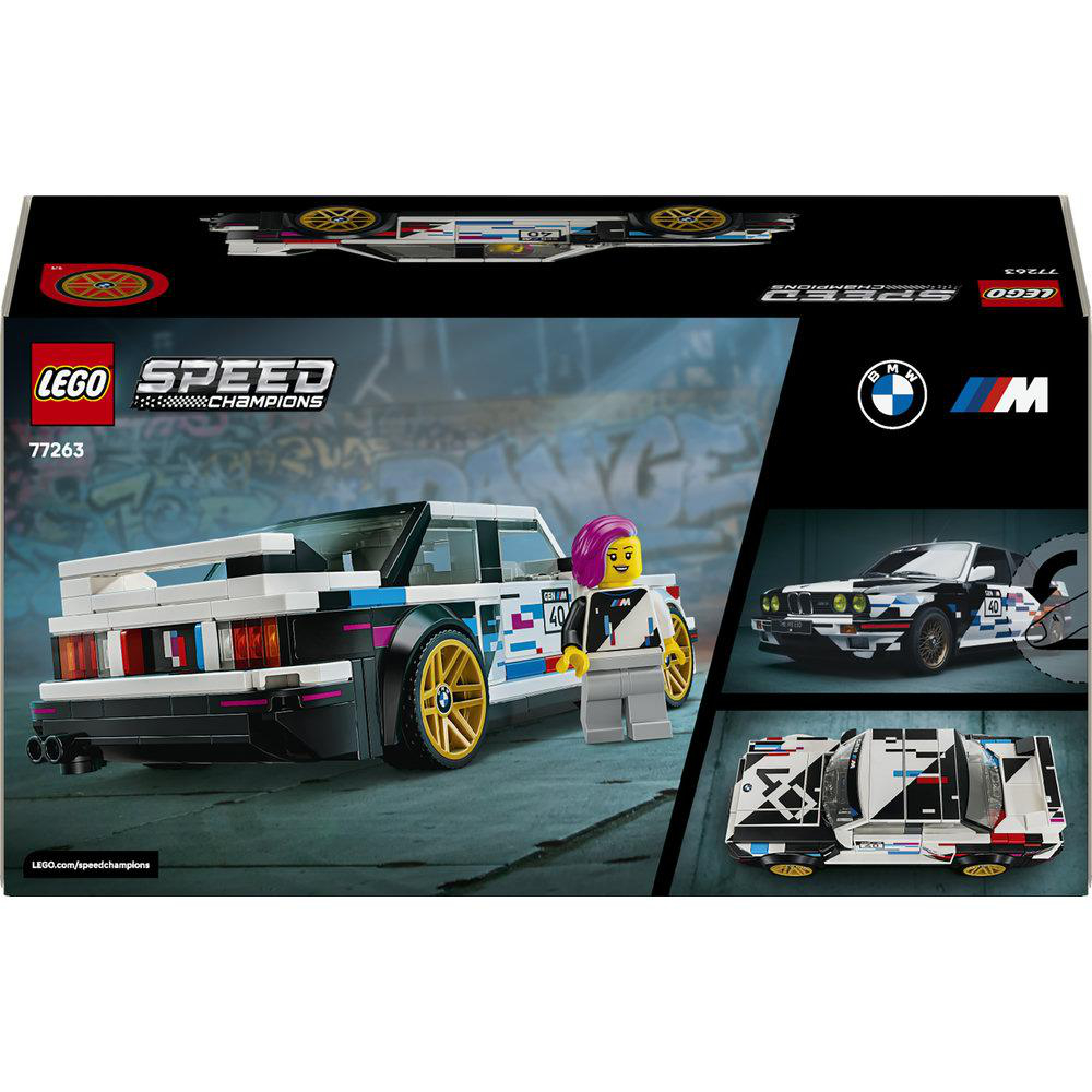 LEGO Speed Champions BMW-Set Verpackung mit weißem Rennwagen, Minifigur und Graffiti-Hintergrund.