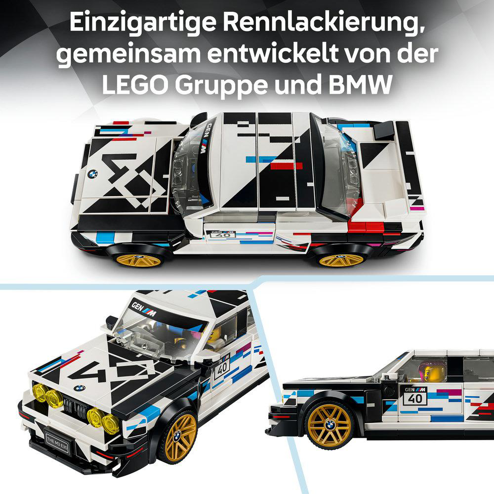 Ein Lego-BMW-Rennauto mit weiß-schwarzem Design, gelben Felgen und gelben Frontscheinwerfern.