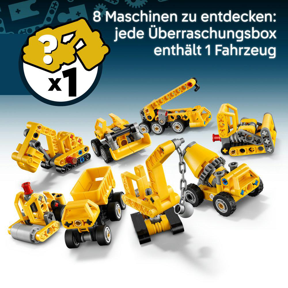 Acht gelbe Lego-Baustellenfahrzeuge auf dunklem Hintergrund mit Text.