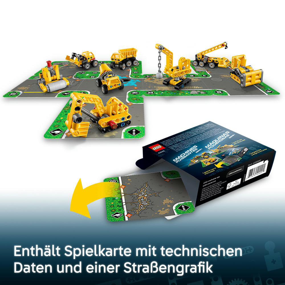 Gelbe LEGO Baumaschinen auf straßenförmigen Spielkarten und eine offene Box.