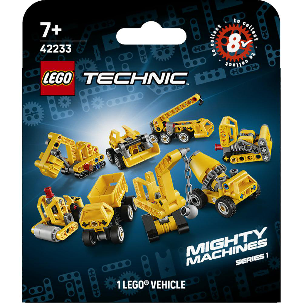 LEGO Technic 42233 Mighty Machines Set mit acht gelben Baustellenfahrzeugen auf dunklem Hintergrund.