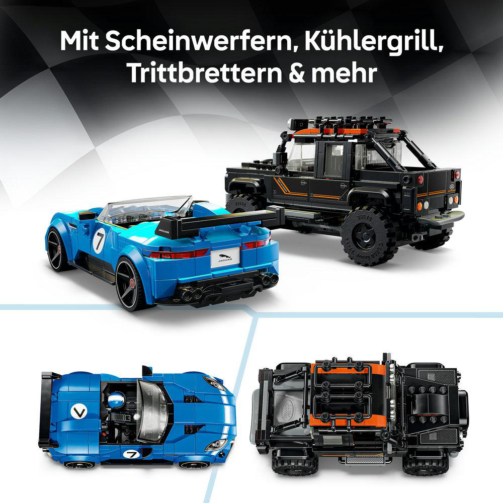 Zwei LEGO-Modelle: Ein blauer Sportwagen und ein schwarzer Geländewagen von oben und hinten.