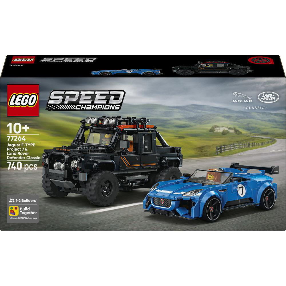 LEGO Speed Champions Set mit schwarzem Land Rover Defender und blauem Jaguar F-Type vor Bergkulisse.