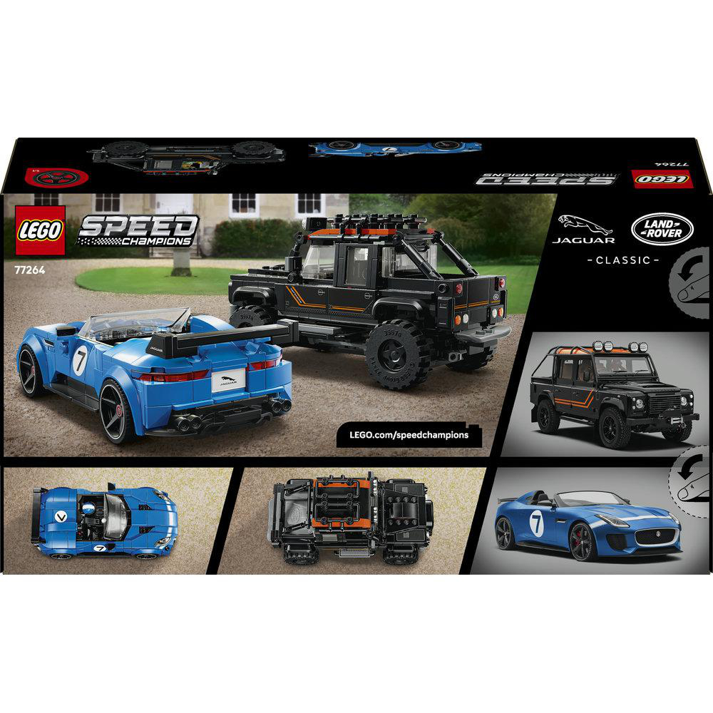 LEGO Speed Champions Box mit einem blauen Jaguar und einem schwarzen Land Rover Classic Geländewagen.
