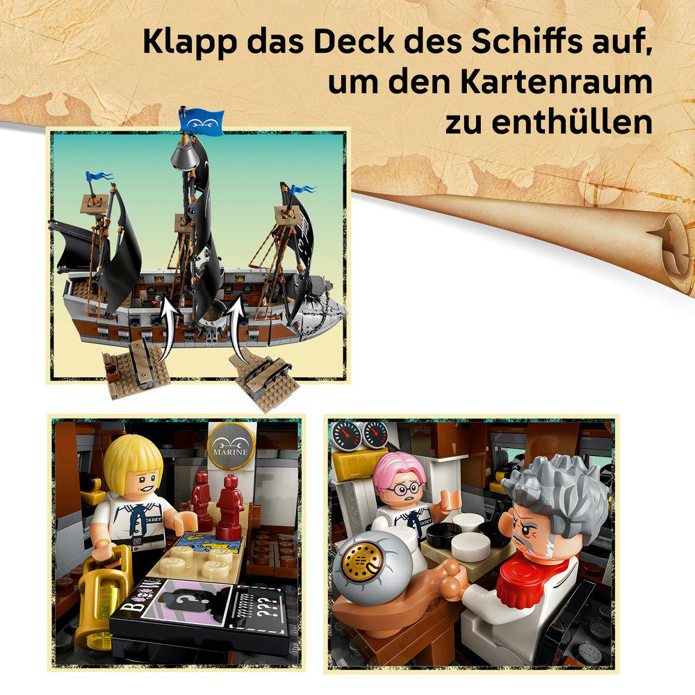 Lego-Piratenschiff mit aufklappbarem Deck und zwei Detailansichten des Kartenraums mit Minifiguren.