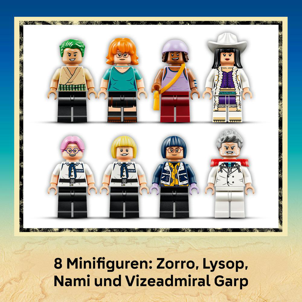 Acht LEGO-Minifiguren aus One Piece, darunter Zorro, Nami, Lysop und Vizeadmiral Garp.