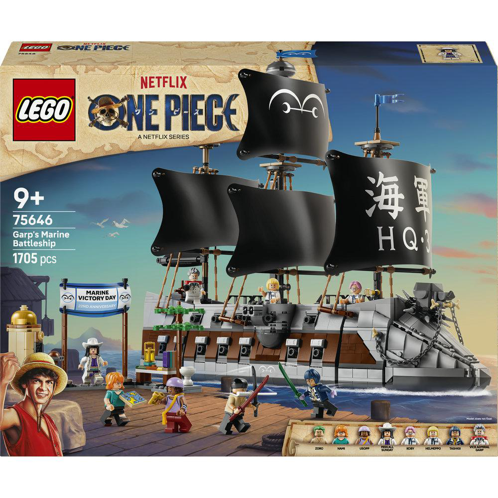 LEGO One Piece Set Box mit Garp Marine Schlachtschiff, schwarzen Segeln und Figuren.