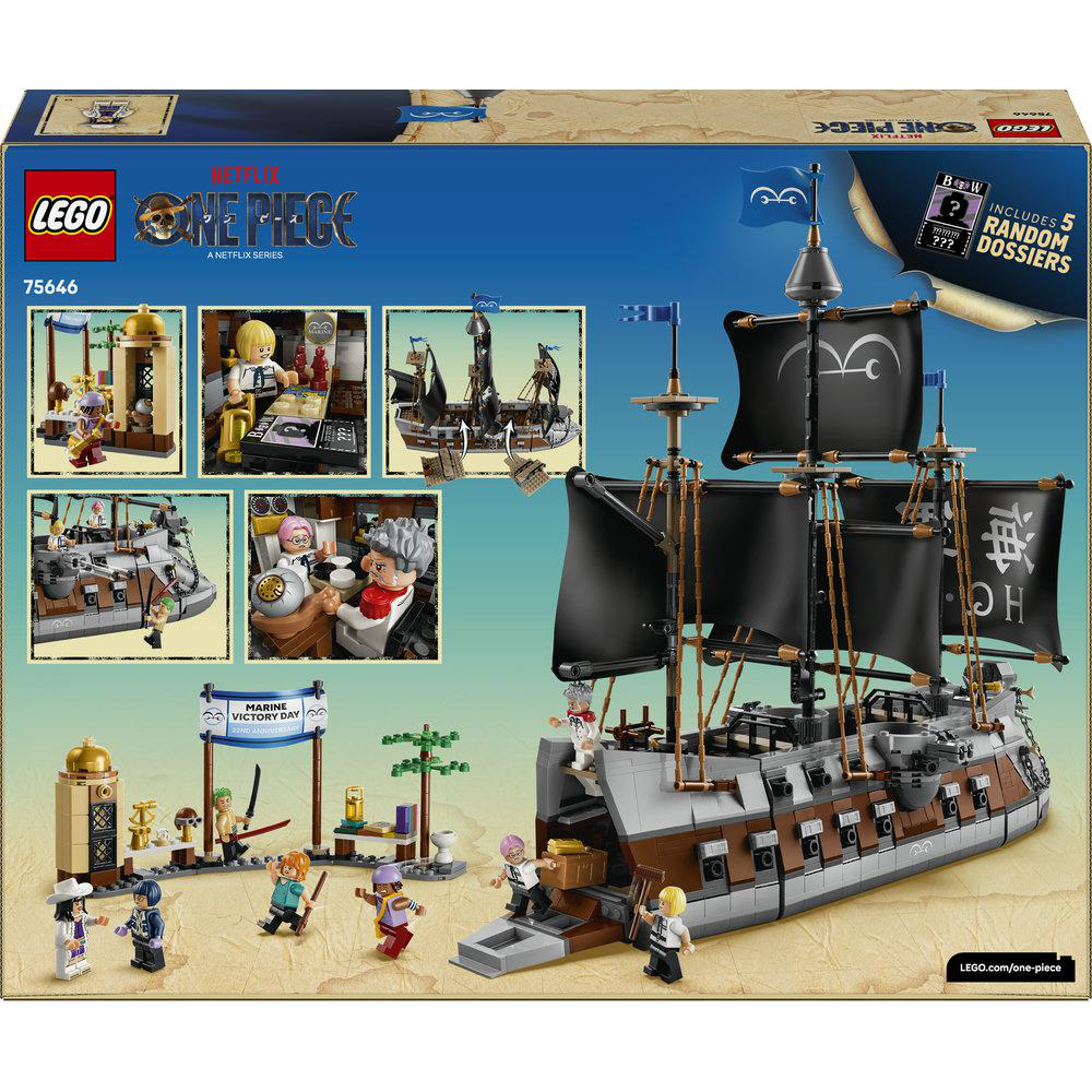 Rückseite einer LEGO One Piece Schachtel zeigt das aufgebaute Piratenschiff mit Minifiguren und Szenen.