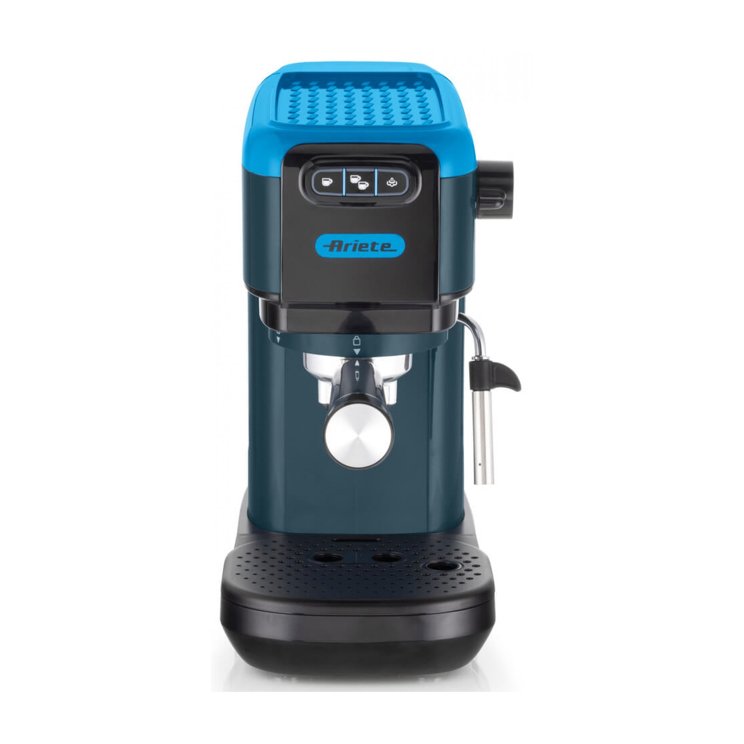Macchina da caffè espresso Ariete blu con pannello di controllo nero, lancia vapore e raccogligocce.