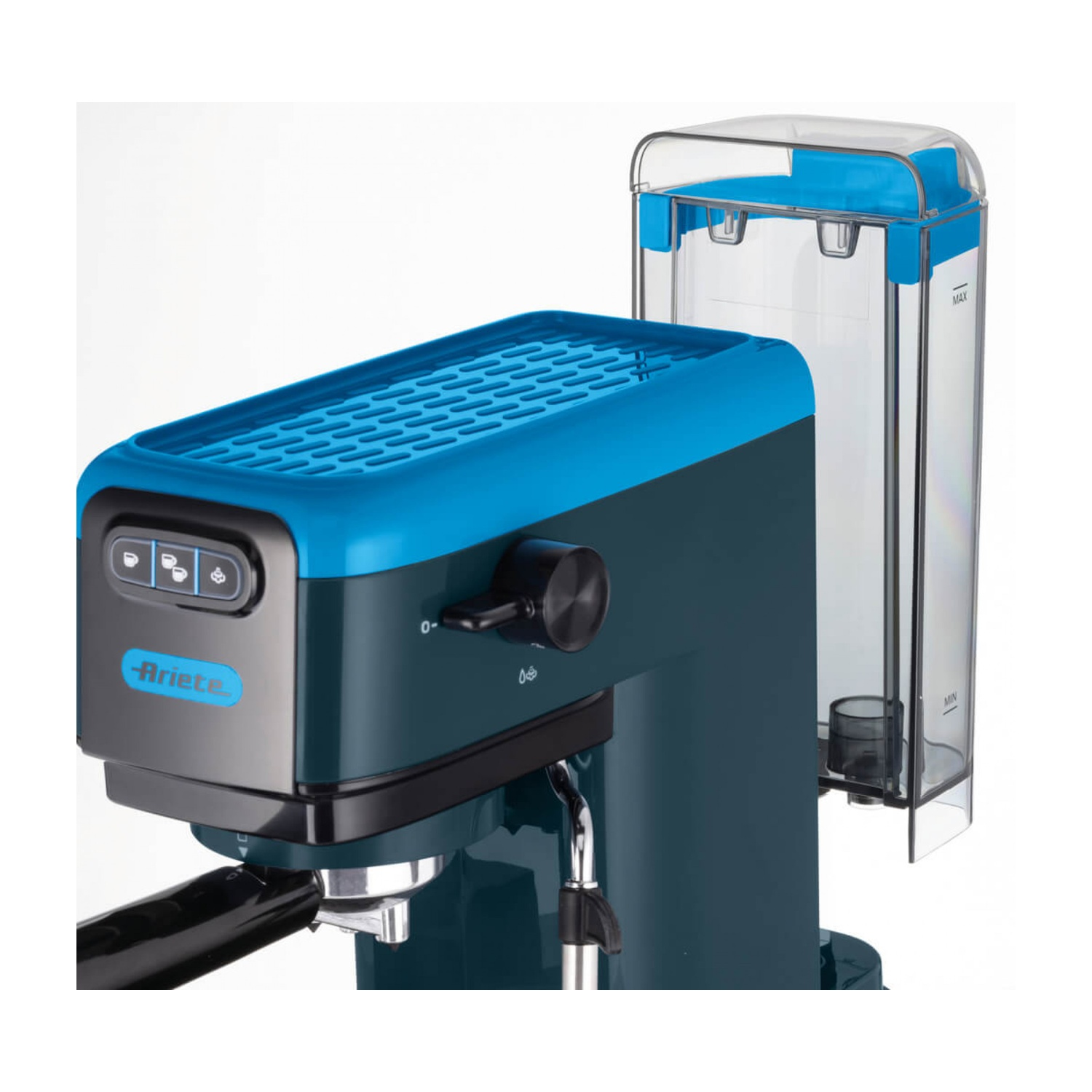 Macchina da caffè Ariete blu e verde scuro con serbatoio dell'acqua trasparente su sfondo bianco.