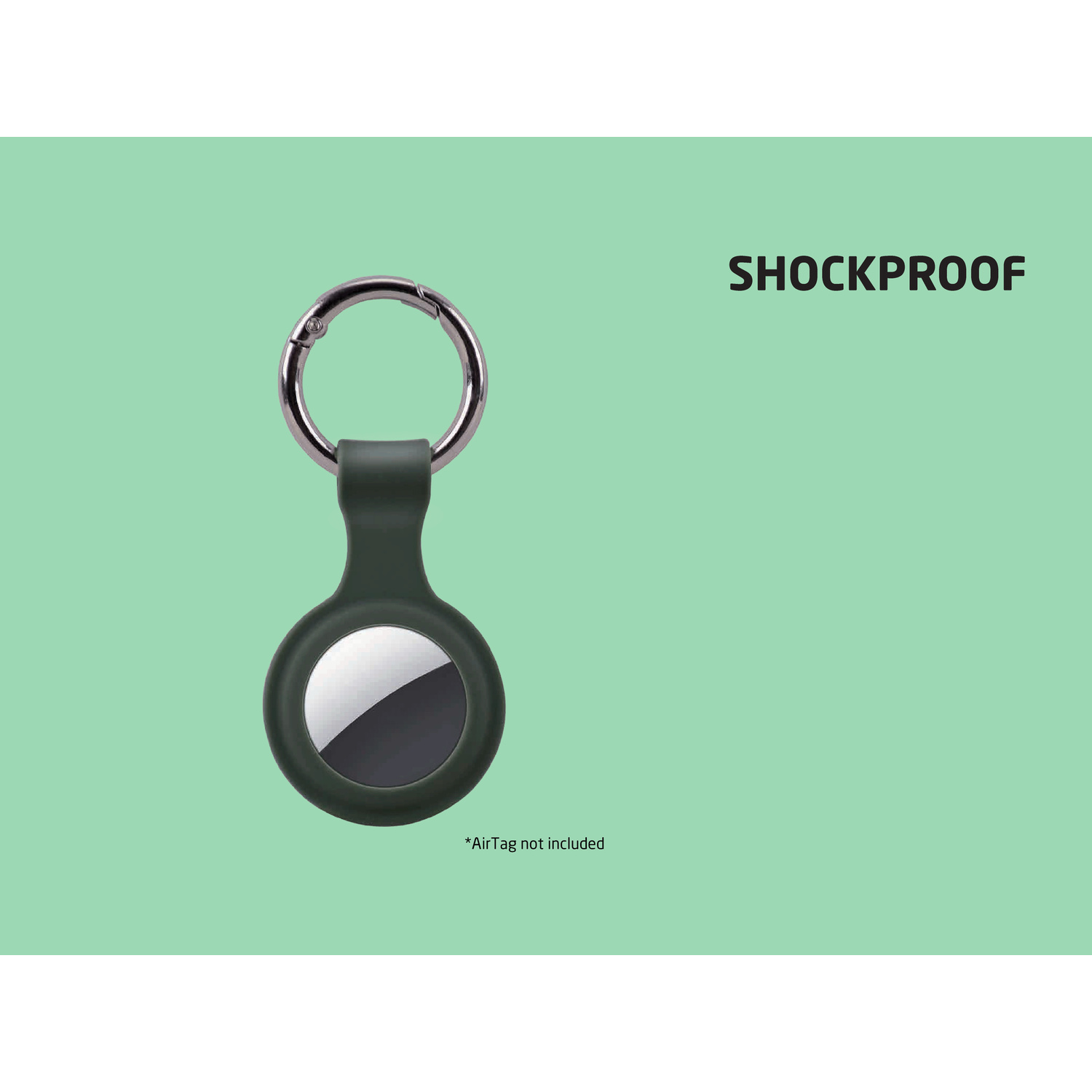 Portachiavi AirTag in silicone verde su sfondo verde menta con testo SHOCKPROOF.