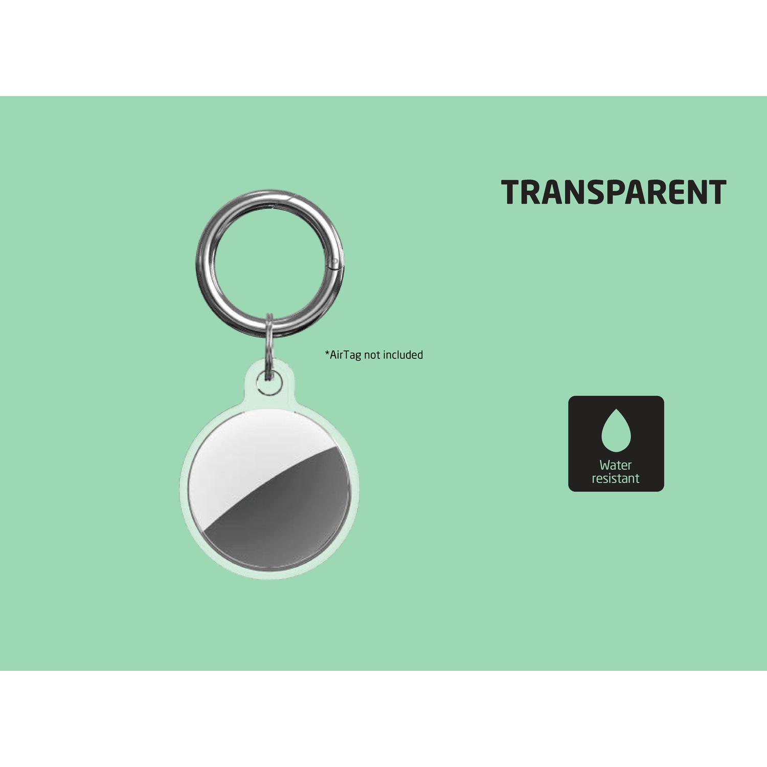 Portachiavi trasparente per AirTag su sfondo verde con icona resistente all'acqua.