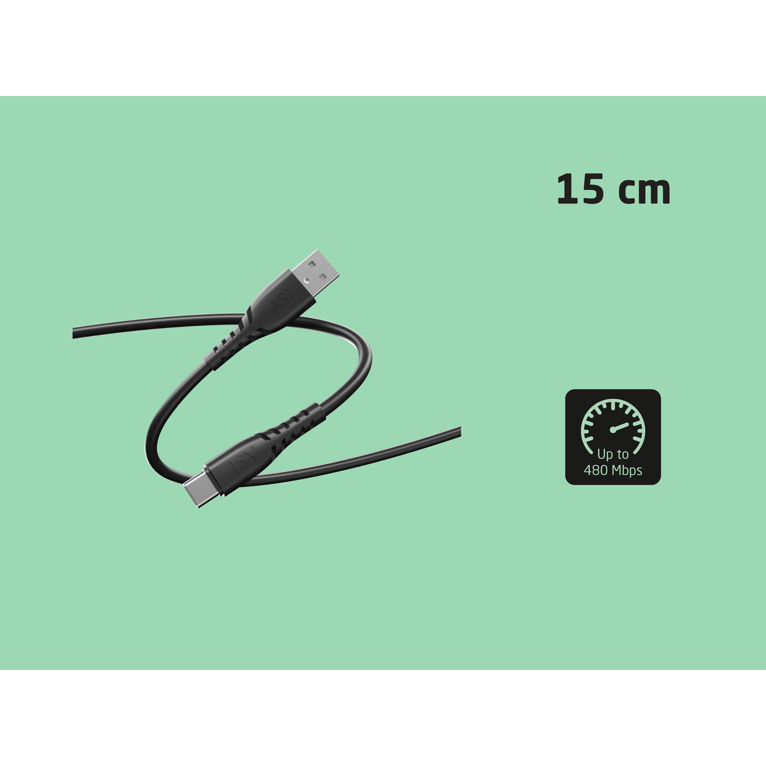 Cavo nero USB-A a USB-C da 15 cm su sfondo verde, con icona di velocità fino a 480 Mbps.