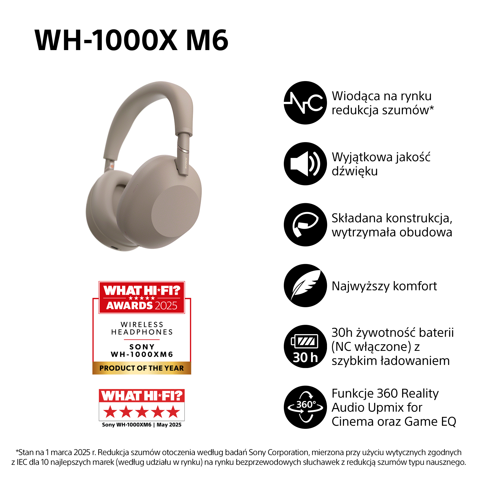 Słuchawki bezprzewodowe SONY WH-1000XM6 ANC Piaskowy
