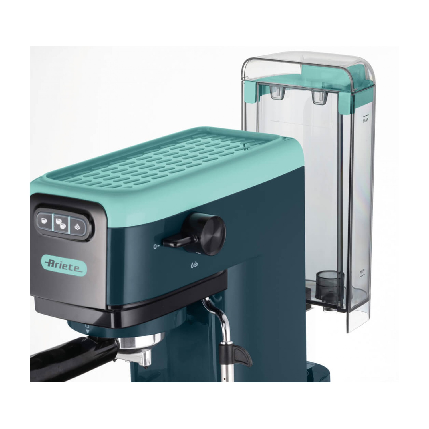 Una macchina da caffè espresso Ariete verde acqua e nera con serbatoio trasparente su sfondo bianco.